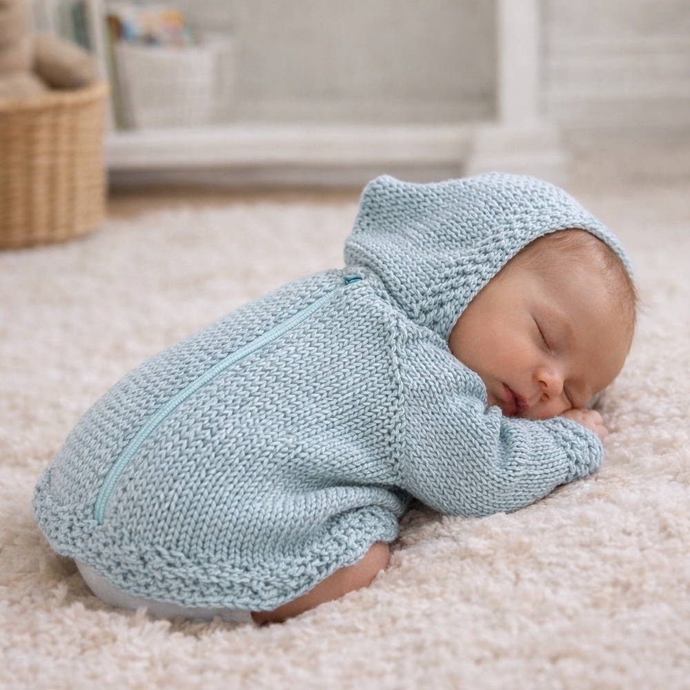 Handcrafted Knit Baby Hoodie Sweater NB–3M | Soft Blue | Boutique Heirloom